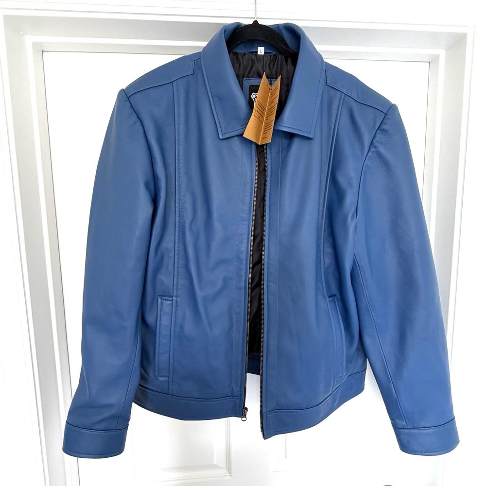 Real Leather Blue Jacket‎ Women Size L NWT Zip Front Classic Style